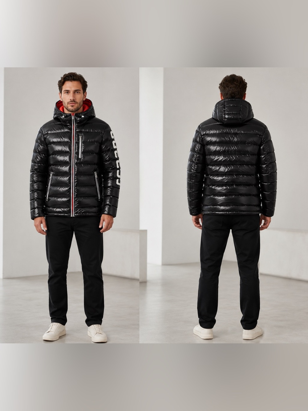 Guess Men's Black Glossy Hooded Puffer Jacket with Red Lining size Small